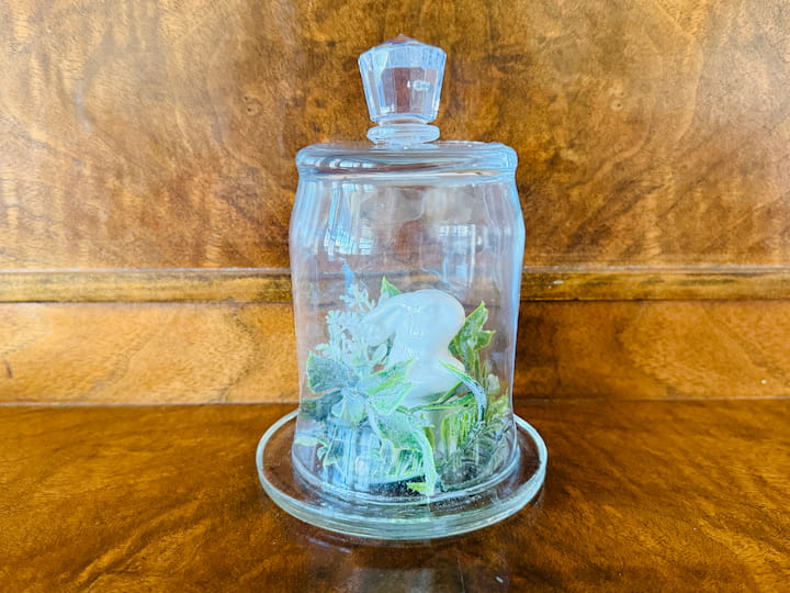 Finished easy craft of a bunny inside a cloche