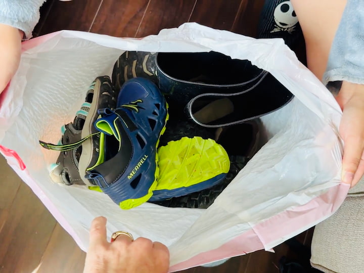 Shoes: Packed in plastic bags to wedge into tight car corners

