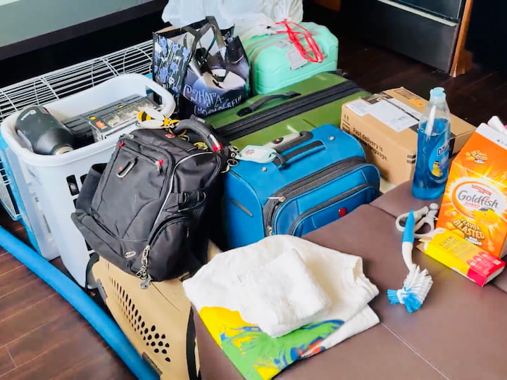 Our journey began with her Kia Soul. Before we packed a single box, we folded down the back seats and measured the cargo space. Then we recreated that space in the apartment living room using pool noodles (you could also use painter’s tape) to stage the items indoors.