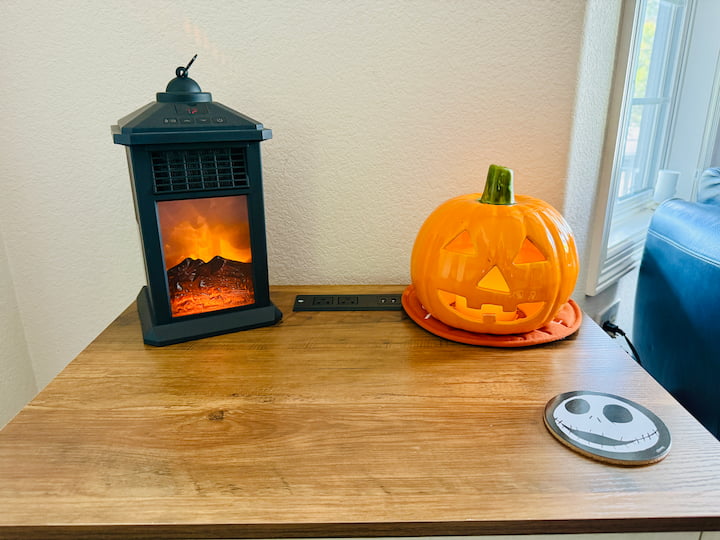 Thrift store pumpkin with candle inside