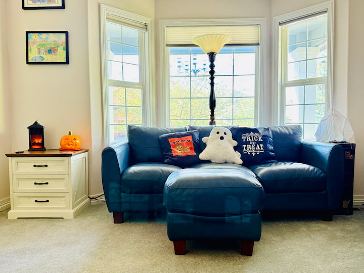Stenciled dollar tree pillow case for halloween on couch