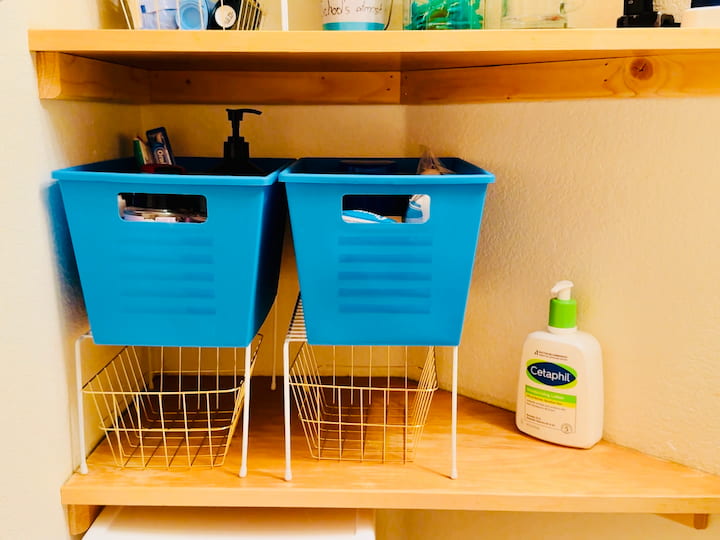 Shelf with dish stacking organizers, and baskets to create drawers and organizers