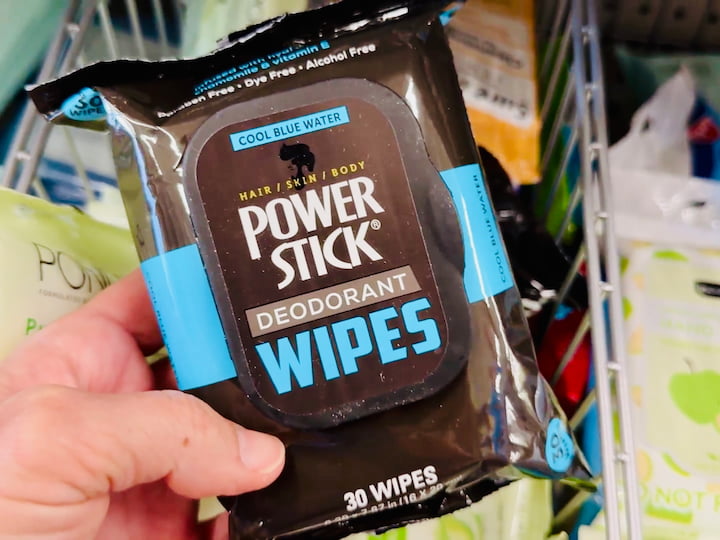 Deodorant wipes and facial wipes — great for freshening up on the go