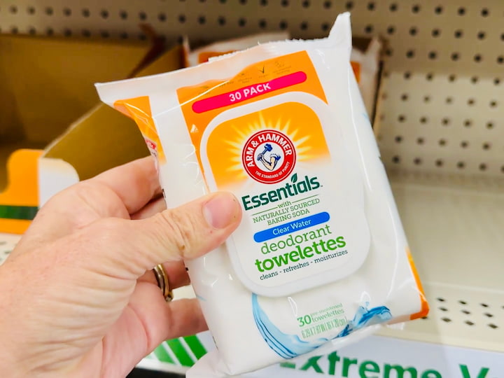 Deodorant wipes and facial wipes — great for freshening up on the go