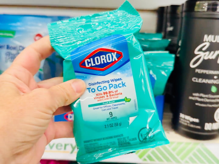 Grab Clorox or antibacterial wipes for sanitizing airplane trays, hotel remotes, and car surfaces. They’re compact, affordable, and a must-have in 2025 travel prep.