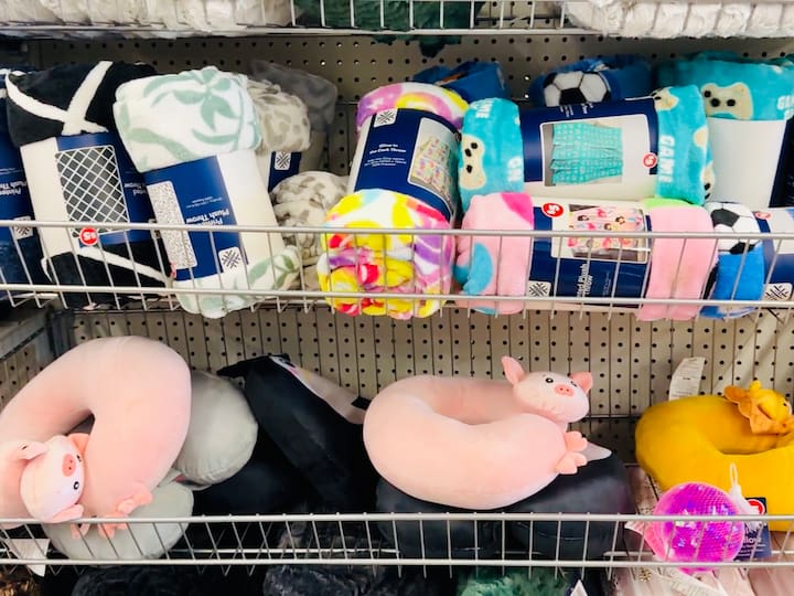 Dollar Tree has soft neck pillows and microfiber blankets for around $5. I always bring a cozy pair of flip-flops too — great for hotels, flights, or poolside.